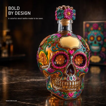 Colorful floral skull-shaped glass bottle on a dark premium home-bar counter.