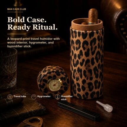 leopard print cigar humidor tube with hygrometer on a man cave cigar shelf