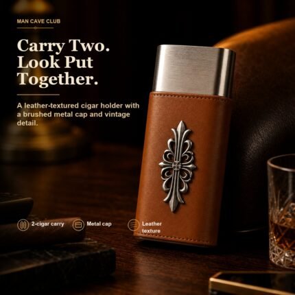 leather-textured cigar case with stainless steel top on a dark cigar desk