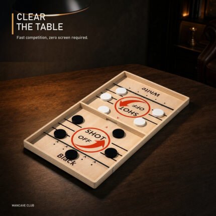 Wooden sling puck board set for play on a warm dark game table.