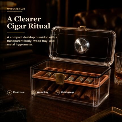 small transparent acrylic cigar humidor box with hygrometer and wood tray on a desk