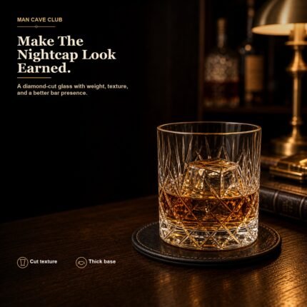 diamond cut crystal whiskey glass with thick base on a dark home bar counter
