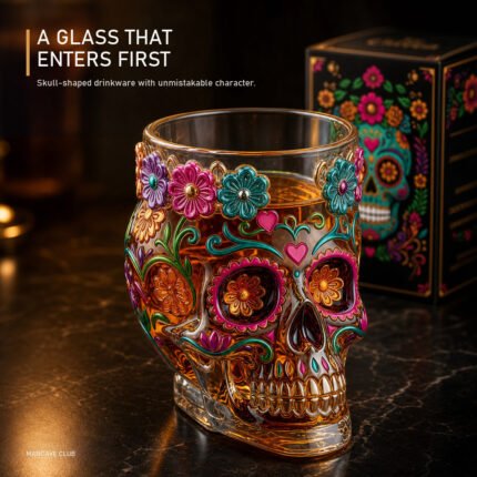 Colorful floral skull-shaped glass cup with an amber drink on a dark home-bar counter.