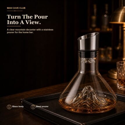clear mountain glass decanter with stainless steel angled pourer on a home bar counter