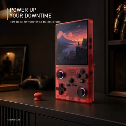 Translucent red XF40V handheld game console displayed on a warm graphite gaming shelf.