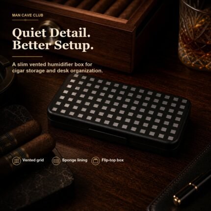 black cigar humidifier box with vented grid and flip-top body in a storage drawer