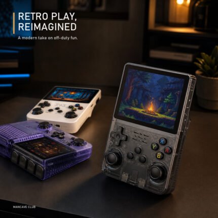 White, translucent purple and dark smoke retro handheld game consoles displayed in a warm modern game room.