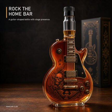 Guitar-shaped amber glass liquor bottle displayed on a dark walnut home bar.