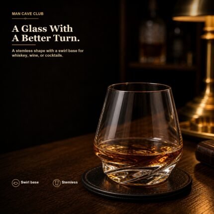 clear swirl stemless whiskey glass with sculpted base on a dark home bar counter