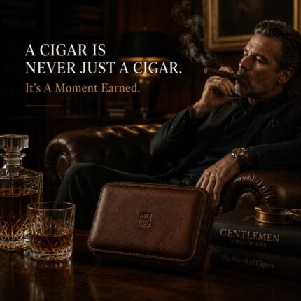leather-textured travel cigar humidor case with wood-lined interior and built-in hygrometer