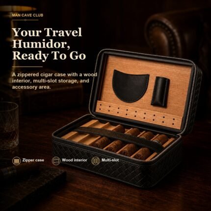 black leather-textured zipper cigar travel case with wood interior and multi-slot storage