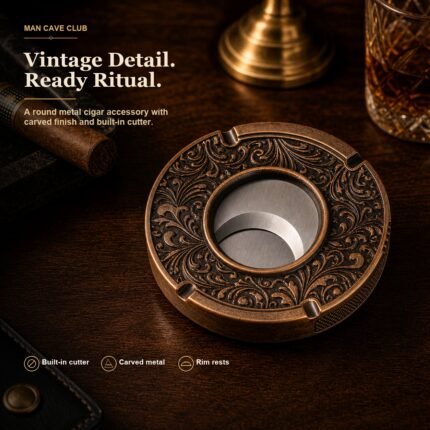 vintage metal cigar ashtray with built-in cutter on a home bar table
