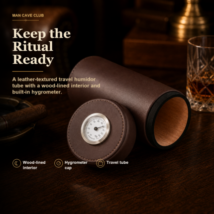 brown leather-textured cigar humidor tube with wood-lined interior and metal hygrometer cap