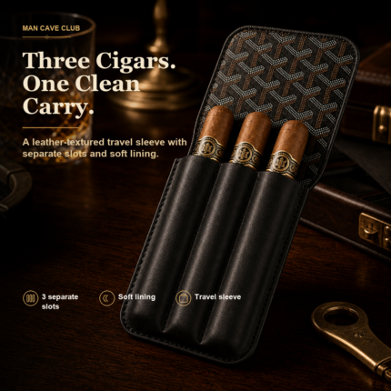 black leather-textured three-cigar travel sleeve with separate slots and fold-over cover