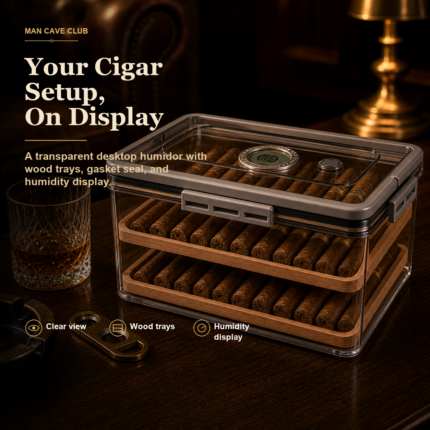 transparent acrylic cigar humidor box with wood trays and humidity display on a desk