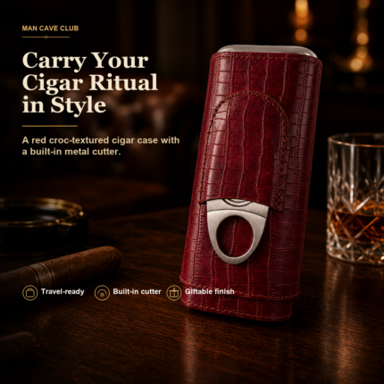 red croc-textured cigar case with built-in metal cutter on a dark cigar lounge table